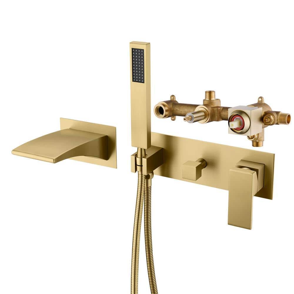SUMERAIN Waterfall Single-Handle Wall Mounted Roman Tub Faucet with Hand Shower in Brushed Gold (1)