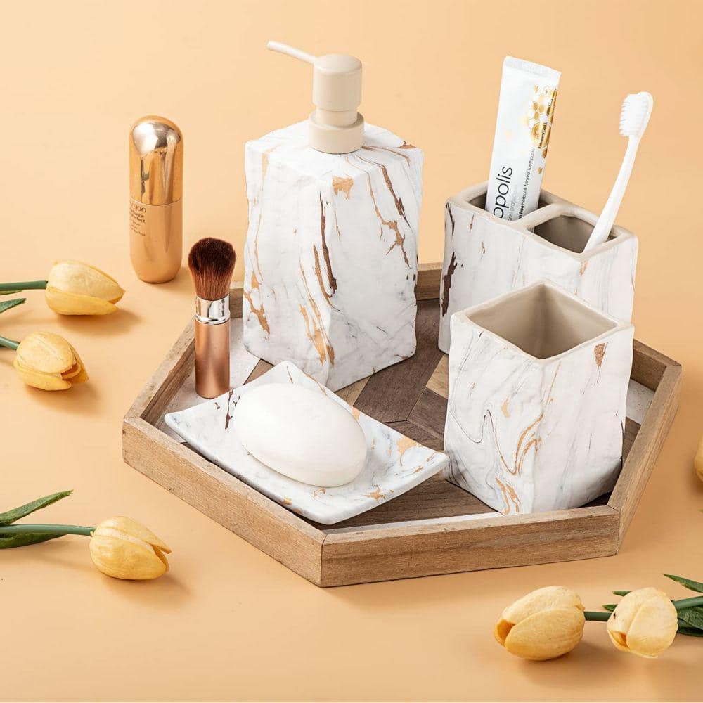 Dracelo 4-Piece Bathroom Accessory Set with Soap Dispenser, Tumbler, Soap Tray, Toothbrush Holder in Marble Gold (2)