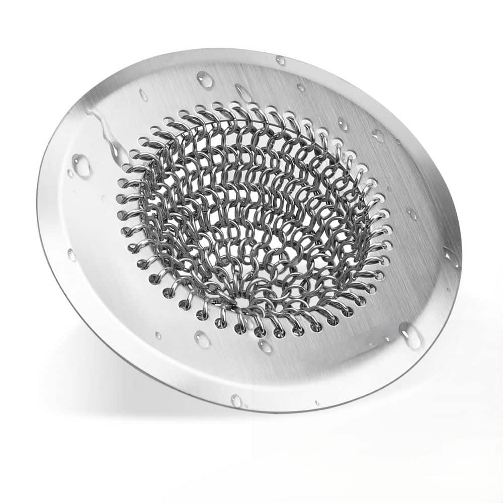 Wudkey 1-Piece Shower Drain Hair Catcher with Easy Clean Chain Mail and Anti-Slip Silicone Base in 304 Stainless Steel Finish (1)