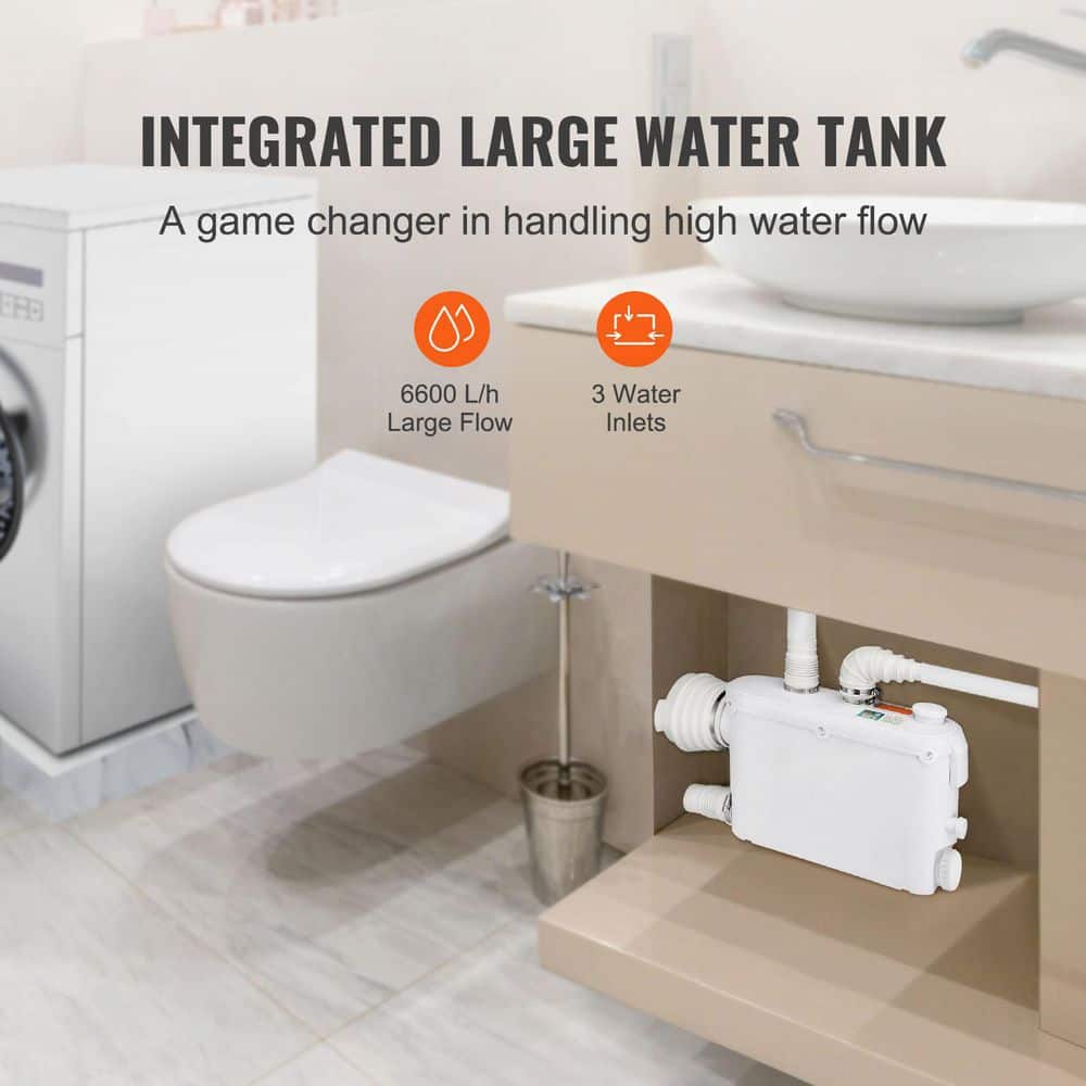 SKYSHALO Macerator Pump 500W 29GPM Flow 26ft. Head Macerator Wall-Hung Toilet Pump with 4 Water Inlets for Toilet (3)