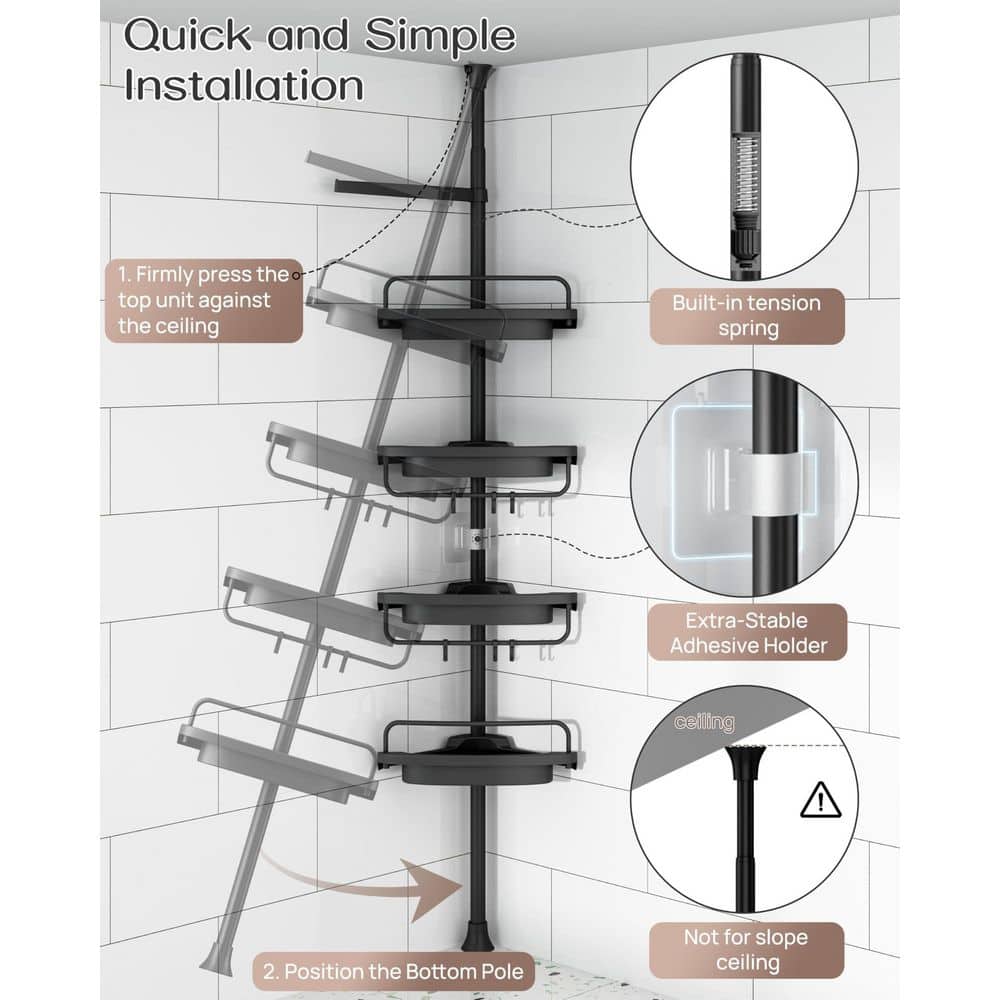 Anqtovp Corner Mount Rustproof Stainless Steel Pole with 4 Adjustable Shelves Shower Caddy 34 to 116 Inches in Black (3)