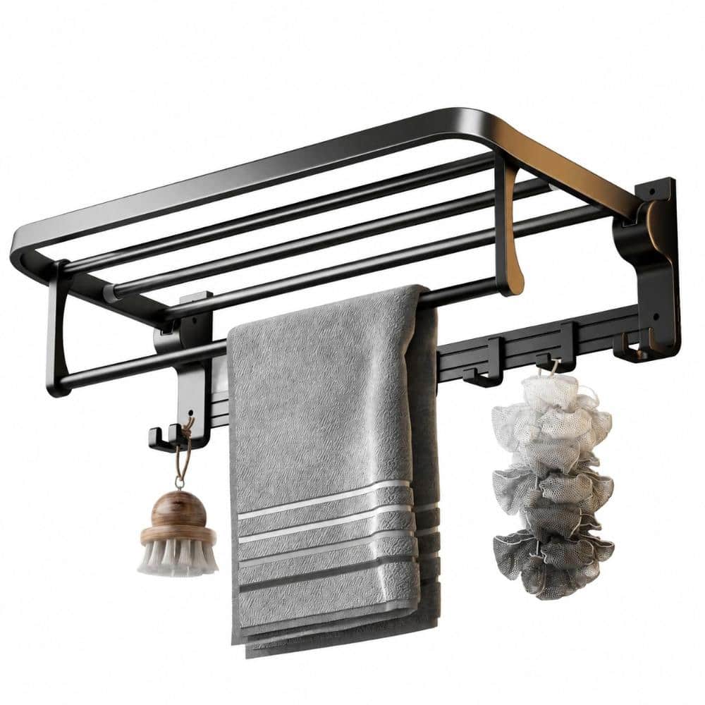 Unbranded 24 in. Wall Mount Foldable Towel Bar Shelf with 7 Removable Hooks Space-Saving Bath Storage Matte Black