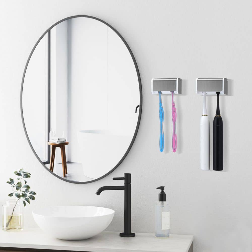 KHKFY 2-Pack Wall-Mounted Self-Adhesive Toothbrush Holder with Cover and 2 Slots for Bathroom Wall in Silver (2)