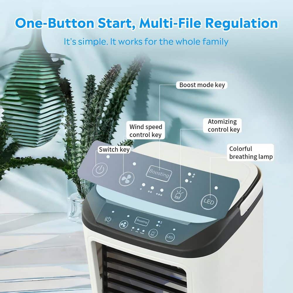 Adrinfly Portable Evaporative Cooler Personal AC with 900ml Water Tank, 3 Speeds, Icebox, Dual Mist Spray, 7 Color Lights No heat (2)