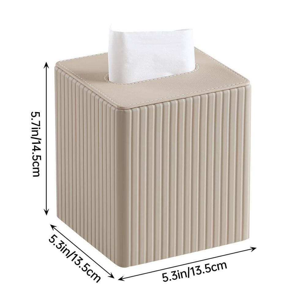 KHKFY PU Leather Square Tissue Box Cover with Magnetic Closure and Velvet Lining in Beige Stripe Pattern Top (2)