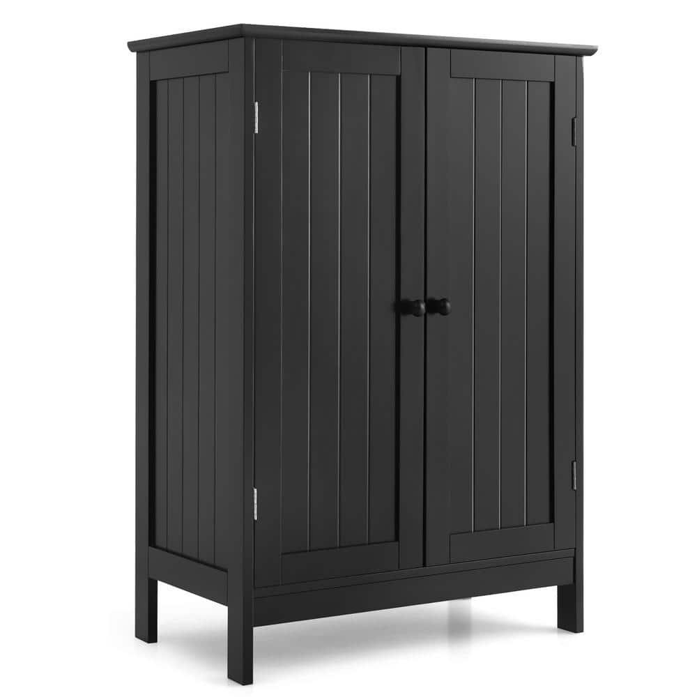 Gymax 23.5 in. W x 14 in. D x 34.5 in. H Black Bathroom Floor Storage Linen Cabinet Double Door Kitchen Cupboard Shoe Cabinet