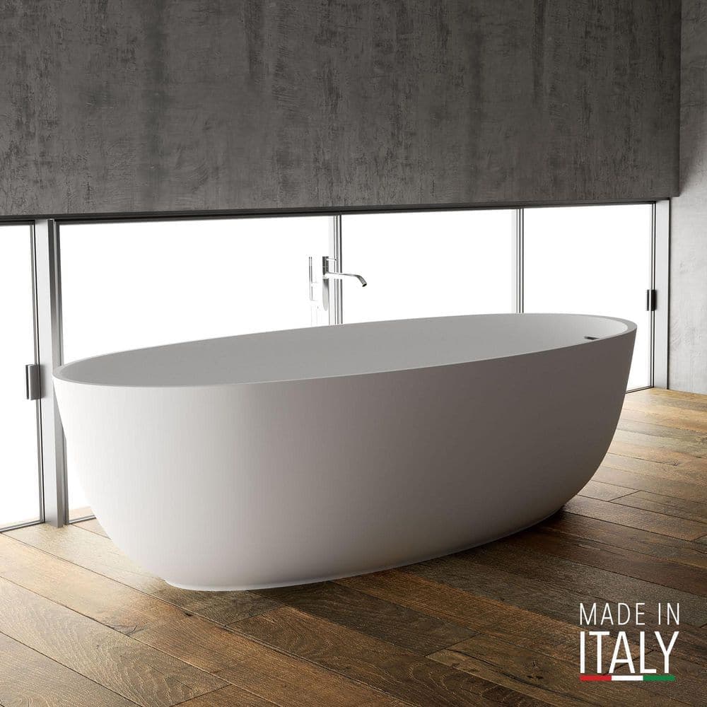 Ruvati Canali 66.5 in. x 31 in. Freestanding Soaking Oval Bathtub in Matte White epiStone Solid Surface with right drain