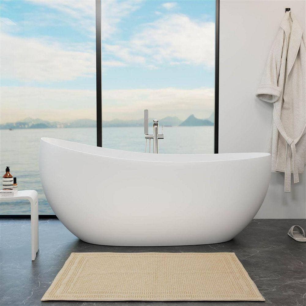 MYCASS 63 in. x 30.7 in. Single Slipper Solid Surface Flatbottom Stone Resin Oval Freestanding Soaking Bathtub in White