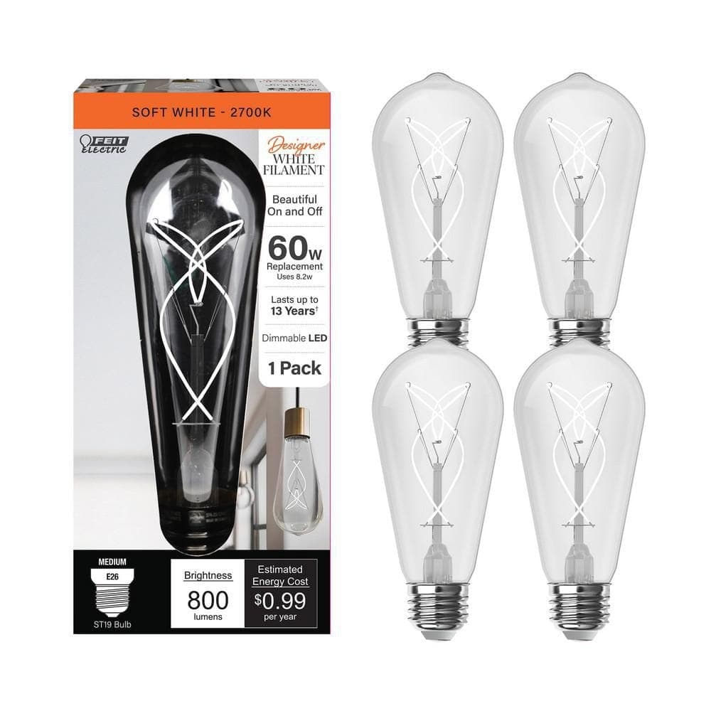 Feit Electric 60-Watt Equivalent ST19 Dimmable Knot Thin White Filament Clear E26 Vintage Edison LED Light Bulb Soft White (4-Pack)