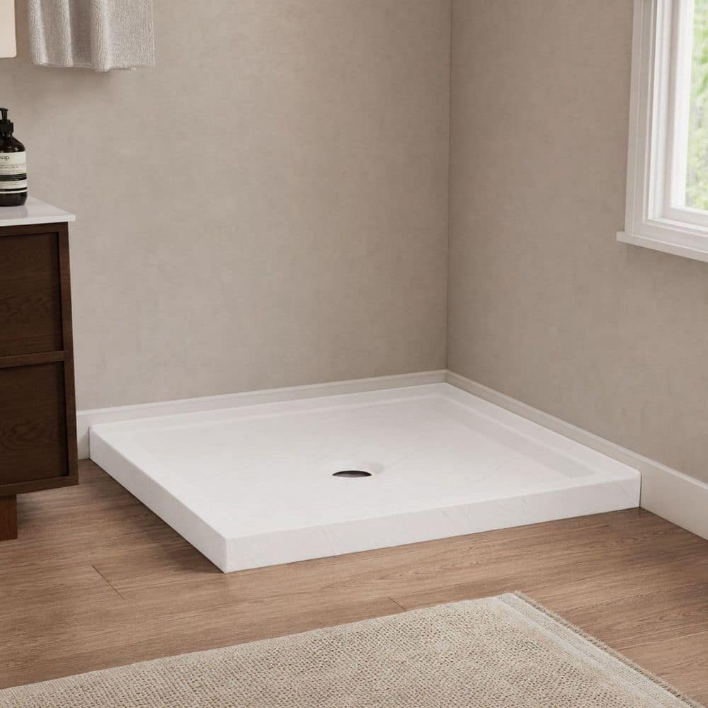 WELLFOR 36 in. L x 36 in. W x 3.3 in. H Alcove Square Acrylic Anti-Slip Shower Pan Base with Center Drain in Slate White (1)