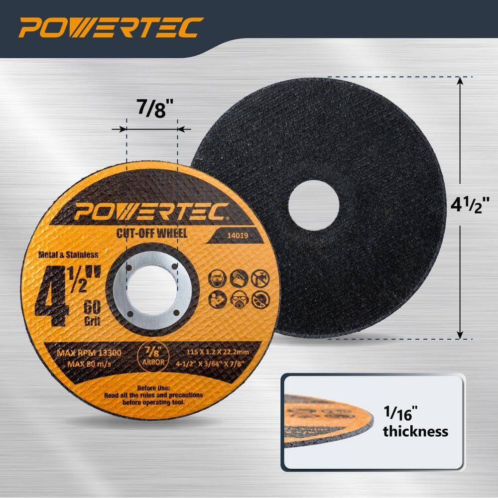 ‎POWERTEC 4-1/2 in. Cut Off Wheels, 1/16 in. Thick with 7/8 in. Arbor, Iridium-Coated Aluminum Oxide 60 Grit (25-Pack) (3)