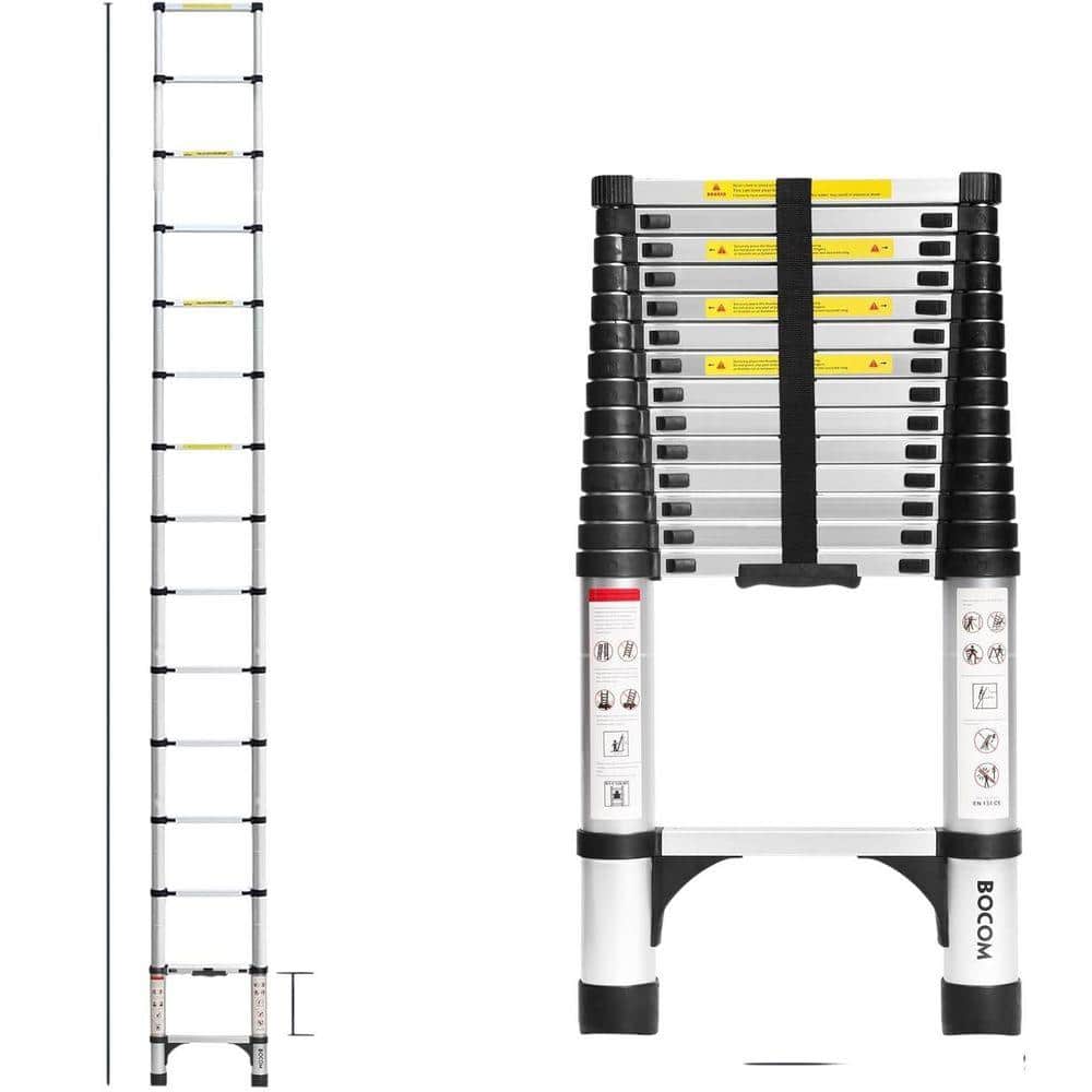 KIWDZFU Reach 14 ft. Telescoping Ladder Aluminum Collapsible Extension 330 lbs. Capacity w/ Triangle Stabilizers Ideal for Home