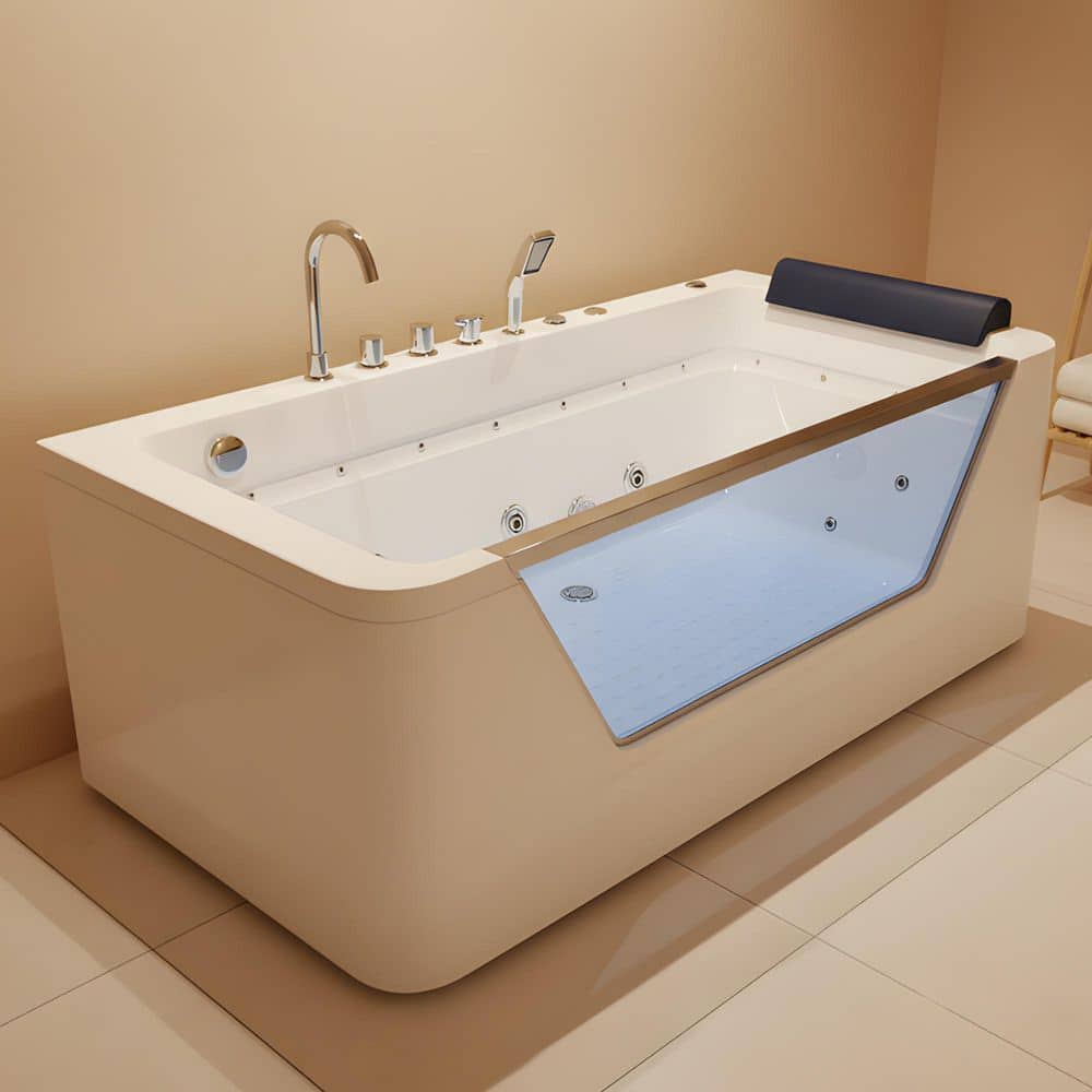 MEDUNJESS 67 in. x 31.5 in. Acrylic Flatbottom Freestanding Whirlpool Bathtub in White with Faucets (1)