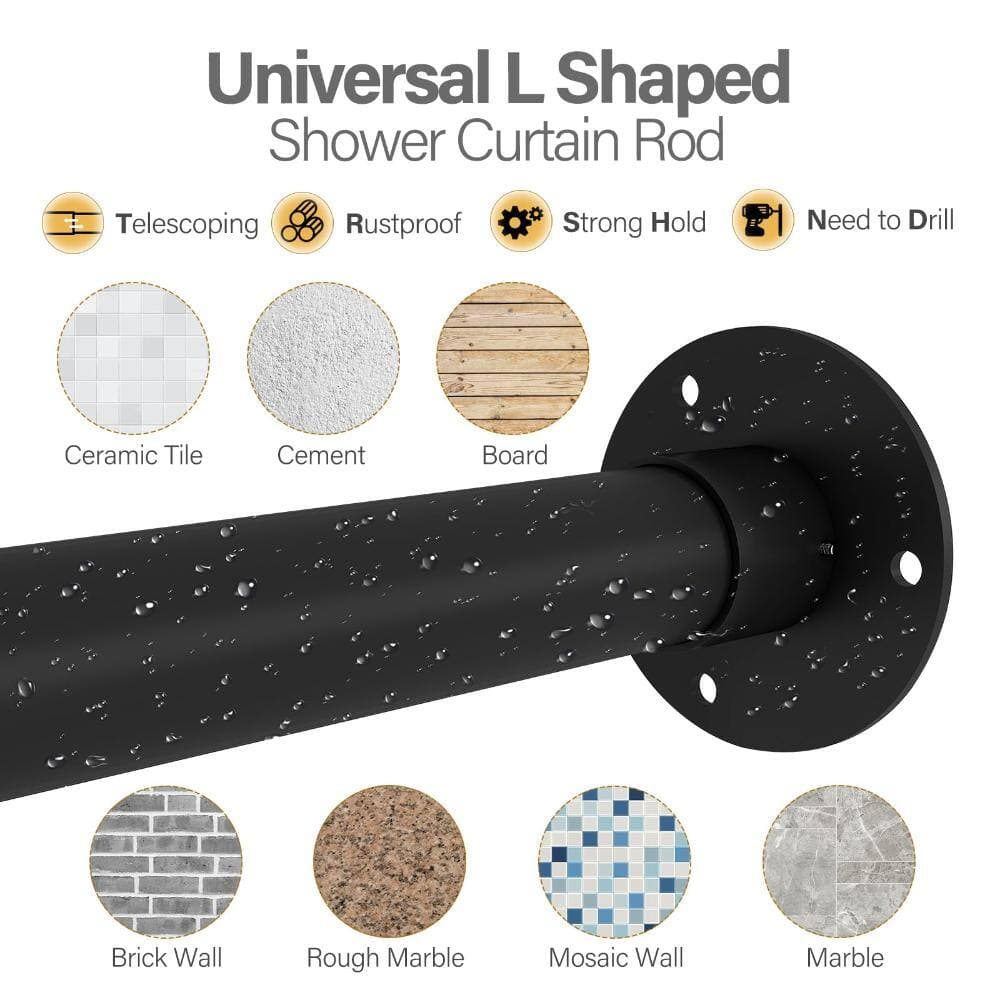Unbranded L-Shaped 90-Degree Corner Shower Curtain Rod Adjustable 24-53 in. with Ceiling Support and 12 Hooks Black (3)