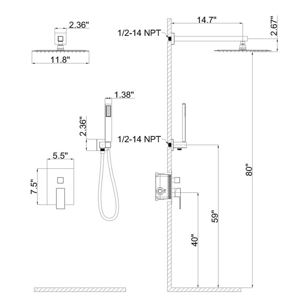GIVING TREE Single Handle 2-Spray 12 in. Square High Pressure Shower Faucet with Hand Shower in Brushed Nickel (Valve Included) (3)