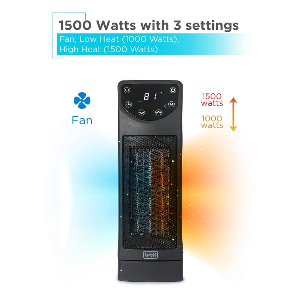 BLACK+DECKER 1500W Oscillating Ceramic Desktop Electric Heater Forced Air 13 in. with Remote with Adjustable Thermostat, Black (3)