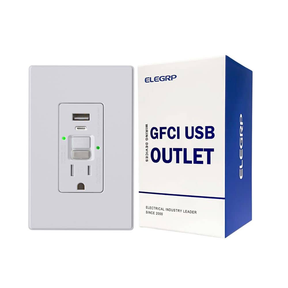 ELEGRP 15 Amp Tamper Resistant Self-Test GFCI Outlet, 24-Watt In-Wall USB Charger Combo Receptacle, Type A Type C, White 1-Pack (1)