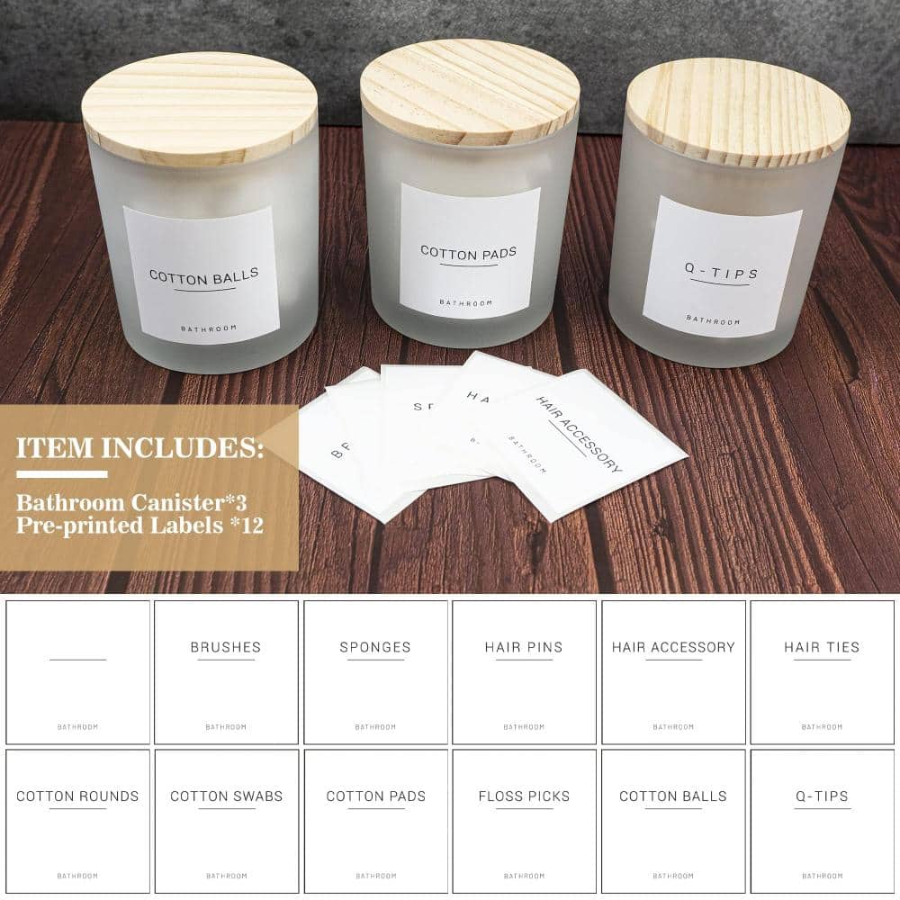 Unbranded 3-Piece Transparent Glass Bathroom Canister Set with Wooden Lids, 12 Labels, 13.53 oz Qtip Holders (2)