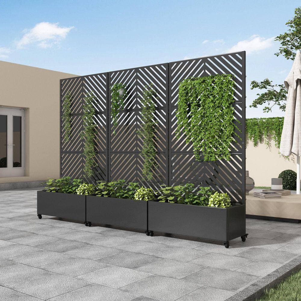 Lirago 72 in. x 35 in. Black Outdoor Metal Privacy Screen Raised Planter Box Wall Decor (3)