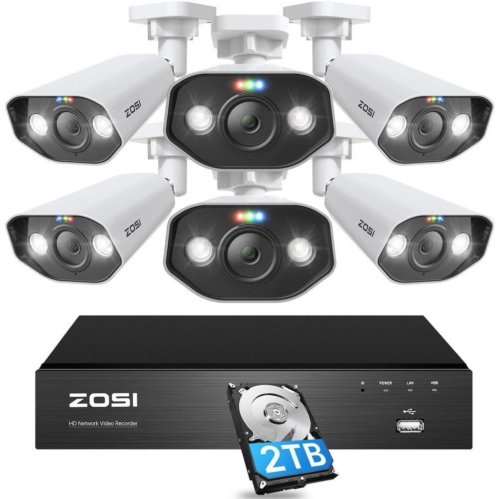 ZOSI Ultra HD 4K 8-Channel 2TB PoE NVR Home Security Camera System with 6 Wired 8MP Spotlight Cameras, 2-Way Audio (1)