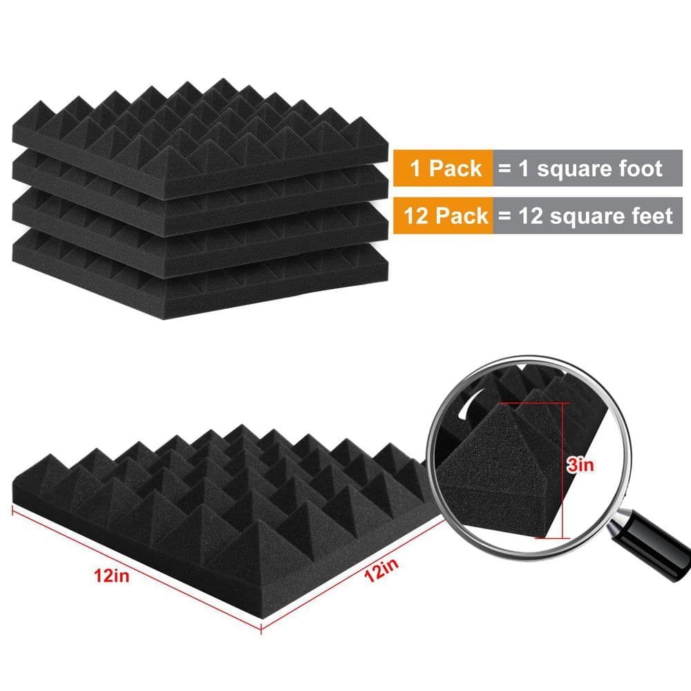 Miscool 12 in. x 12 in. x 3 in. Black Pyramid-Shaped Self-Adhesive Foam Acoustic Panels, 12-Pack (3)