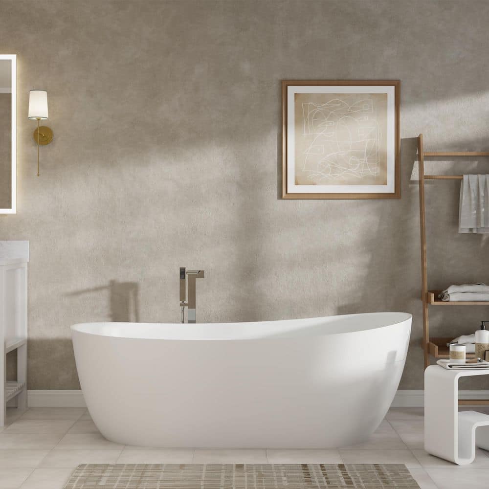 CASAINC 66.93 in. x 31.5 in. Solid Surface Stone Flatbottom Freestanding Soaking Bathtub with Right Drain in White (2)