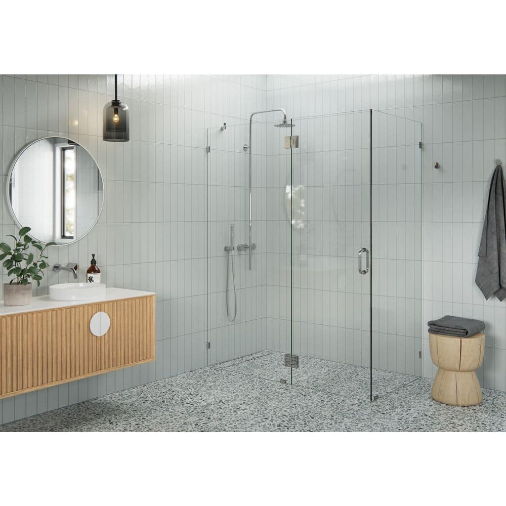 Glass Warehouse 59 in. W x 32 in. D x 78 in. H Pivot Frameless Corner Shower Enclosure in Polished Chrome Finish with Clear Glass