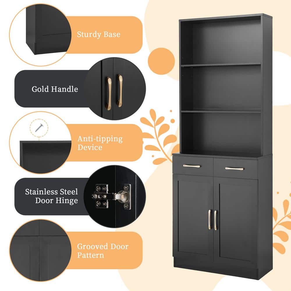 Unbranded 25.9 in. W x 11 in. D x 70 in. H Black Tall Bathroom Cabinet with 2 Doors and Drawers , Adjustable Shelf (3)
