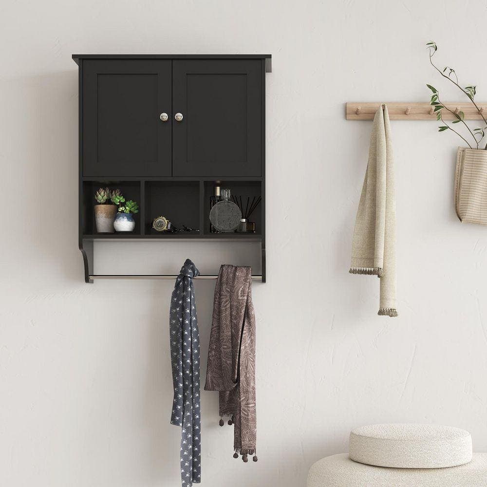 XUJMK Modern 28 in. W x 24 in. D x 8 in. H Bathroom Storage Wall Cabinets with Towel Bar for Small apartment in Black (3)