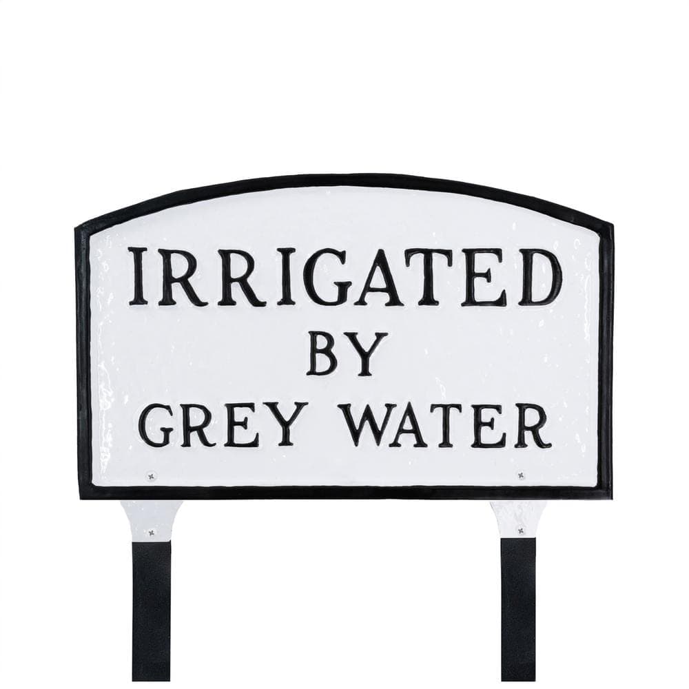 Montague Metal Products 10 in. x 15 in. Standard Arch Irrigated by Grey Water Statement Plaque Sign with Lawn Stakes - White/Black