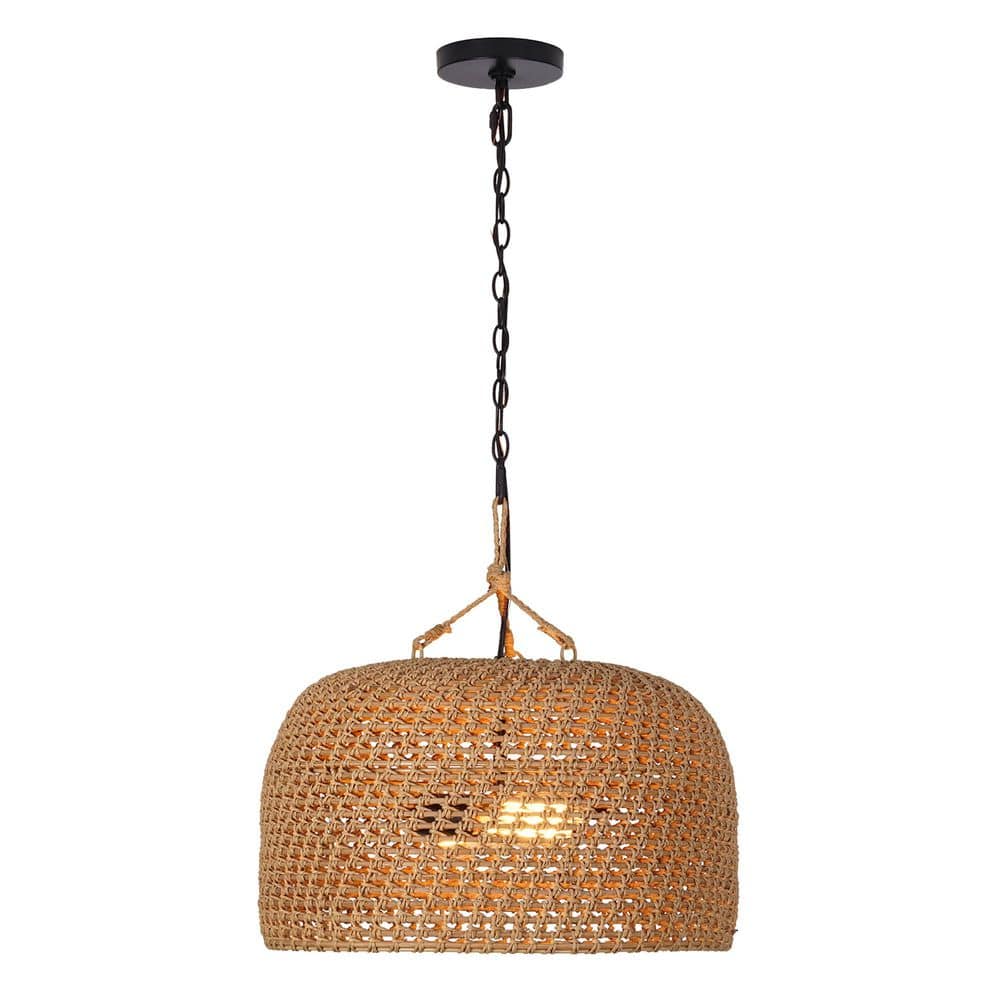 Hampton Bay Summerpoint 120-Watt 2-Light Black Shaded Pendant Light with Natural Woven Shade, No bulbs Included (4)