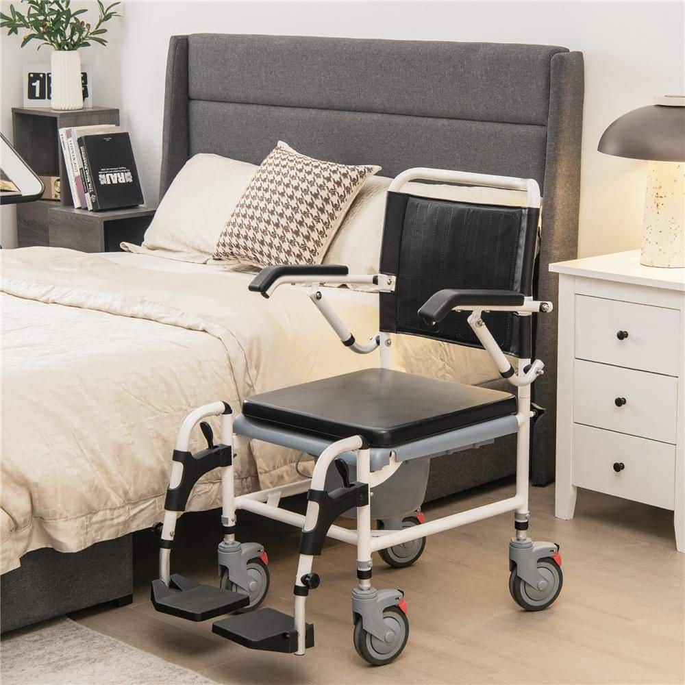 Costway 34.5 in. x 23 in. 4-in-1 Bedside Commode Chair Toilet Seat with Wheel Commode Wheelchair with Detachable Bucket (2)