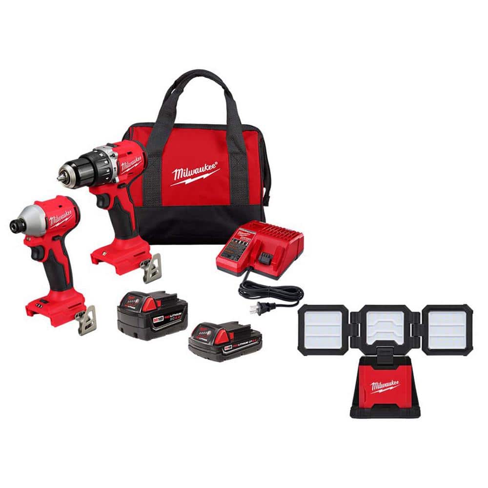 Milwaukee M18 18-Volt Lith-Ion Brushless Cordless Compact Hammer Drill/Impact Combo Kit w/(2) Batteries & M18 ROVER Flood Light