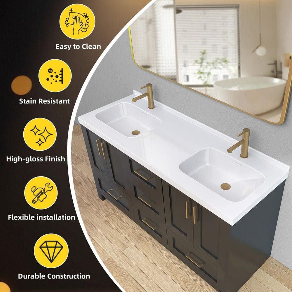 Zeafive 60 in. W x 22 in. D Solid Surface White Rectangular Double Sink Vanity Top in Pure White with Integrated Backsplash (3)