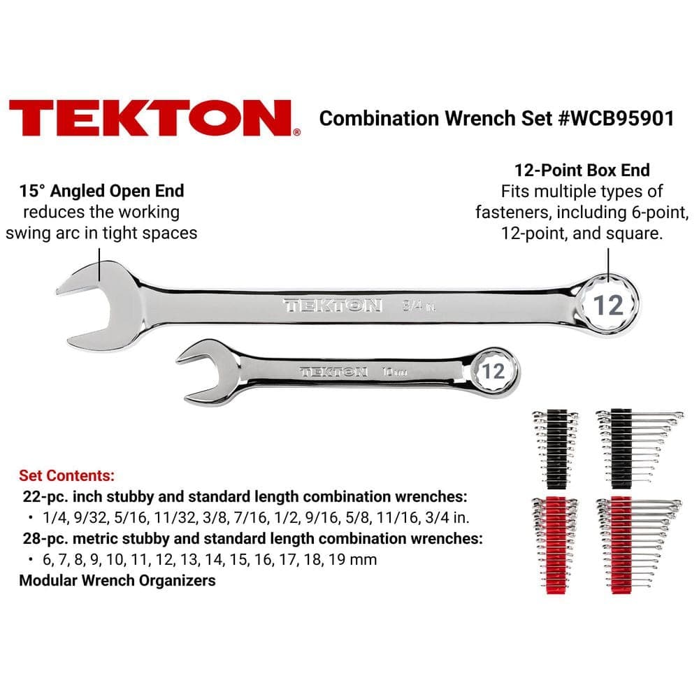 TEKTON 1/4 - 3/4 in., 6 - 19 mm Stubby and Standard Length Combination Wrench Set with Modular Slotted Organizer (50-Piece) (2)