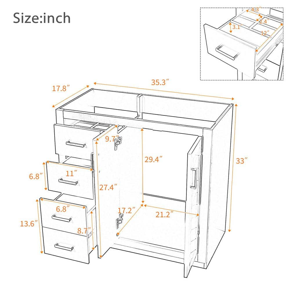 Virubi 35.3 in. Solid Wood Frame Bath Vanity Cabinet without Top with Left-Side Drawers and Soft Closing Doors (2)