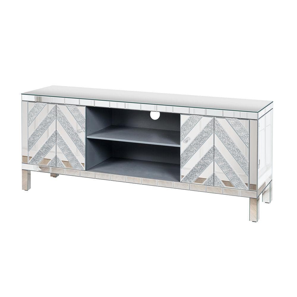 COWLOWN 59 in. W x 15.7 in. D x 25 in. H Silver Linen Cabinet with Open Storage, M Shape Sparkling Mirror Doors (1)