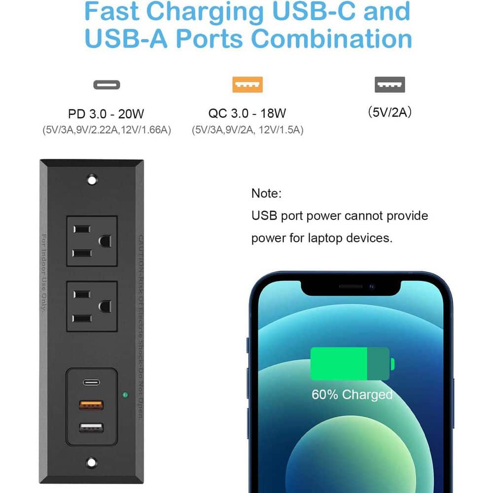 OBJLGEV 6 ft. cord 2-Outlet 2 USB-A Ports 1 USB-C Port Surge Protector with fast charging QC3.0 PD3.0 recessed power strip (3)