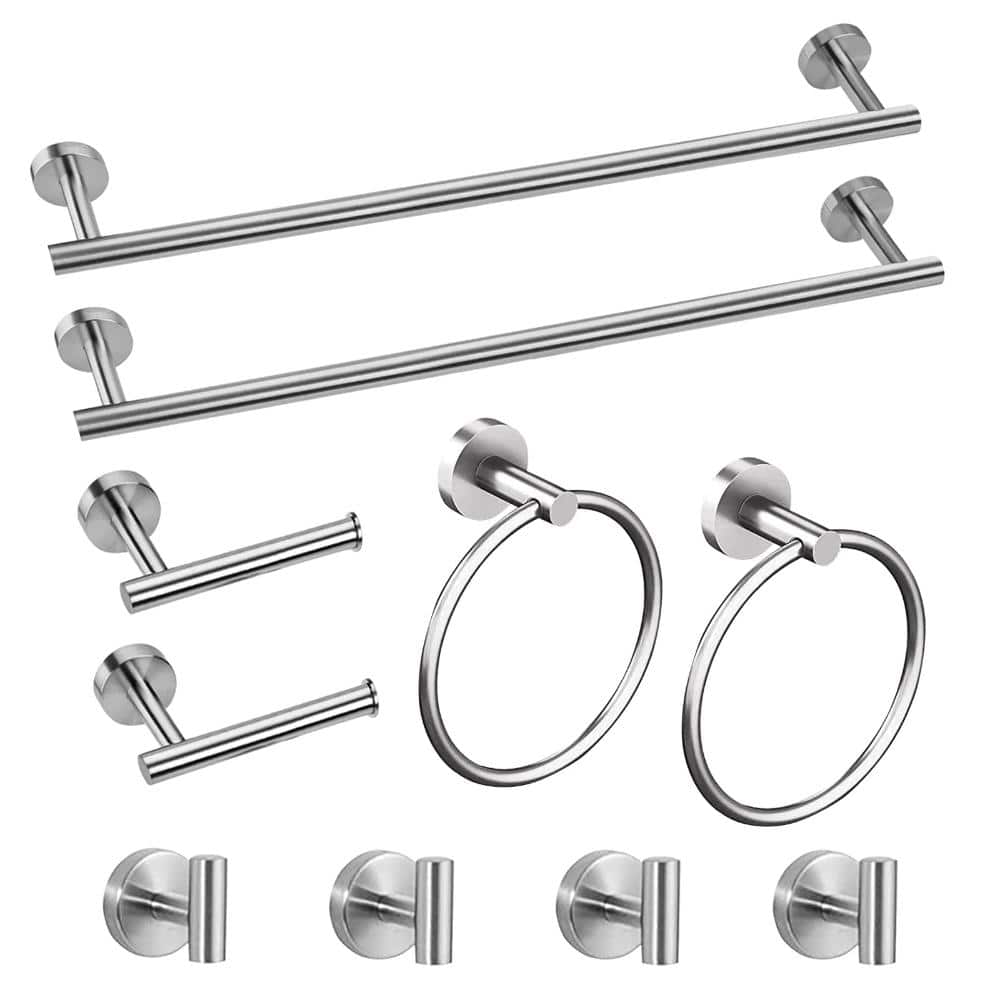 Unbranded 10-Piece SUS304 Stainless Steel Bath Hardware Set with 24 in Towel Bar and Robe Hook in Brushed Nickel