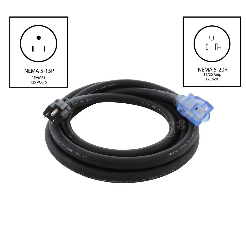 AC WORKS 25 ft. SOOW 10-Gauge 3-Prong NEMA 5-15P to NEMA 5-20R 15 Amp/20 Amp Super Duty Rubber Extension Cord (2)