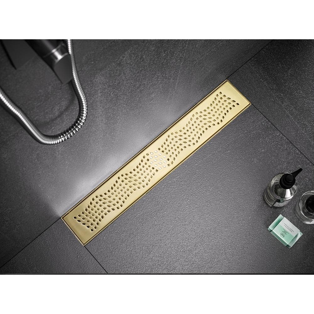 Elegante Drain Collection 48 in. Linear Stainless Steel Shower Drain with Wave Pattern, Zirconium Gold Plating (2)