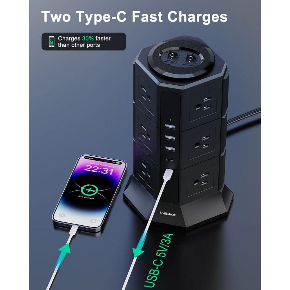 Lukyamzn 12-Outlet Power Strip Tower Surge Protector w/ 3-USB-A, 2 USB-C and 10 ft. Flat Plug Cord for Desk, Dorm, Office, Black (2)