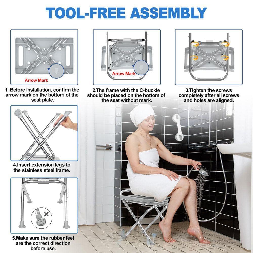 Lynzavix 17.5 in. W Folding Shower Chair Stainless Steel Anti-Slip Seat with Pad for Seniors Disabled Gray Freestanding (2)