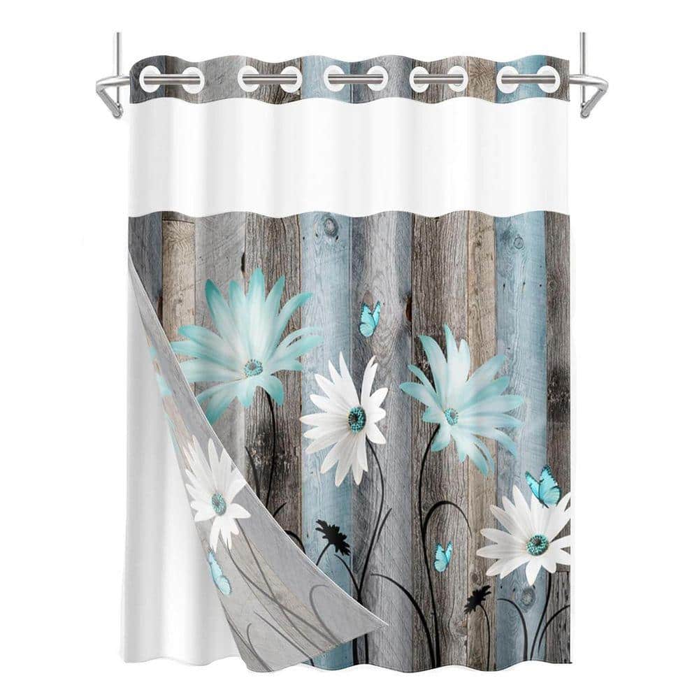 JFVKAF Rustic Farmhouse Shower Curtain with Snap Fabric Liner Teal Daisy Flowers Layers See Through Top 71x74 Inch