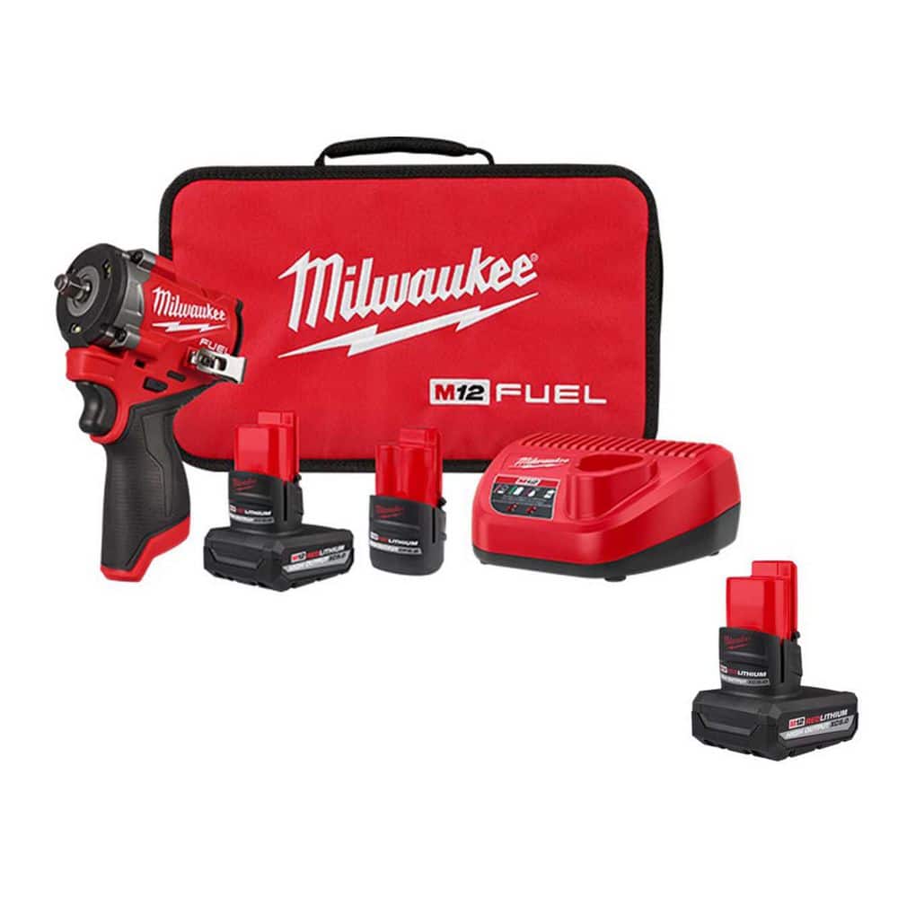 Milwaukee M12 FUEL 12V Li-Ion Brushless Cordless Stubby 3/8 in. Impact Wrench Kit w/(2) 5. 0Ah & (1) 2.5 Ah Batteries (1)