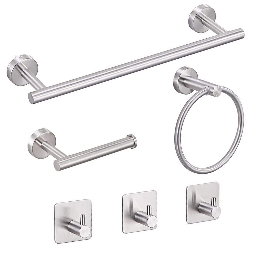 Anqtovp 6 Piece Bathroom Hardware Set with Towel Bar, Toilet Paper Holder, Towel Ring, 3 Hooks in Brushed Nickel (1)