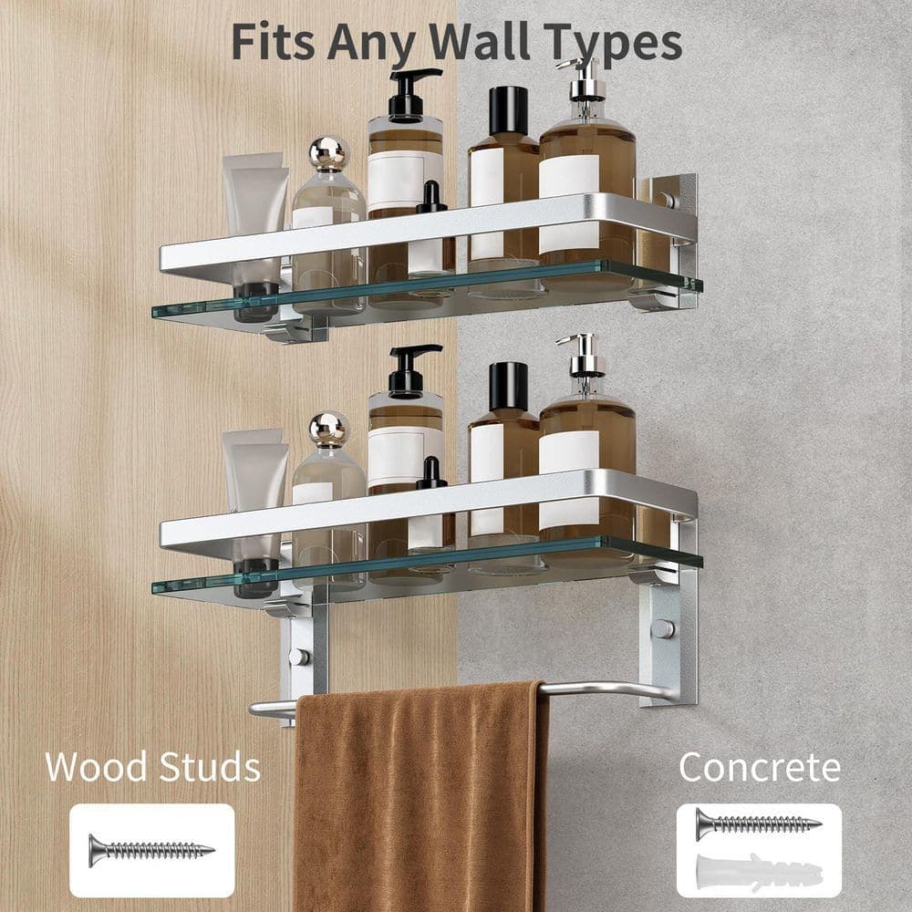 Numhew Modern 15.7 in. W x 5.79 in. H x 4.9 in. D Aluminum Rectangular Shelf in Silver with Towel Bar, Hand Towel Holder (3)