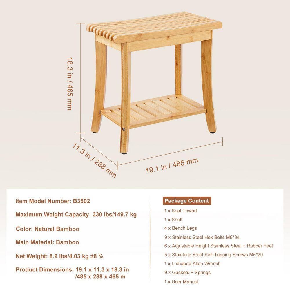 Unbranded 19.1 in. Light Brown Bamboo Single-Tier Freestanding Shower Bench, Shower Stool Chair (2)