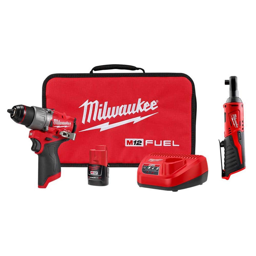 Milwaukee M12 FUEL 12-Volt Li-Ion Brushless Cordless 1/2 in. Hammer Drill Kit w CP 2.0Ah Battery, Charger & M12 3/8 in. Ratchet