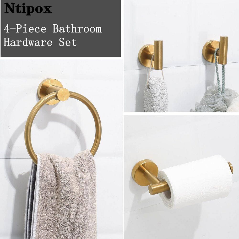 Wudkey 4-Piece Stainless Steel Bath Hardware Set Included Hand Towel Ring, Toilet Paper Holder, Towel Hooks (2)